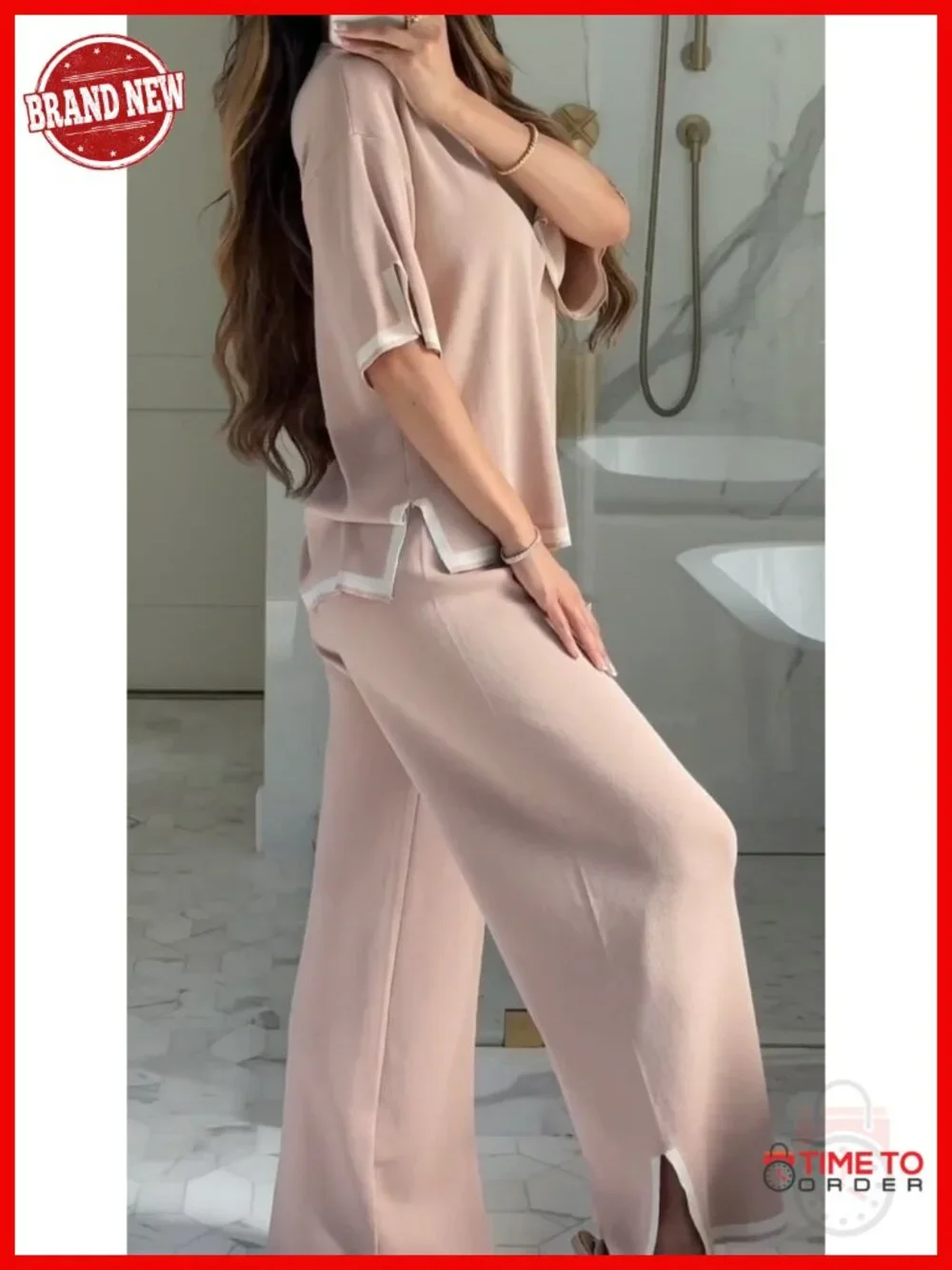 Knit 2 Piece Lounge Set Short Sleeve Pullover Wide Leg Pants
